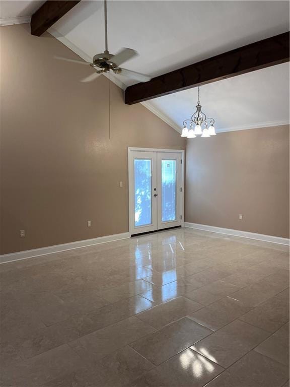 unfurnished room with lofted ceiling with beams, french doors, ceiling fan with notable chandelier, baseboards, and light tile patterned floors