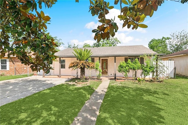 single story home with brick siding, roof with shingles, fence, and a front yard