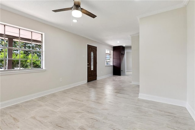 empty room with crown molding, recessed lighting, ceiling fan, and baseboards