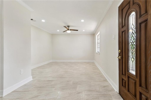 entrance foyer featuring baseboards, ornamental molding, recessed lighting, and ceiling fan