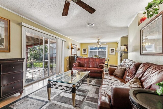 living area with visible vents, a ceiling fan, and ornamental molding