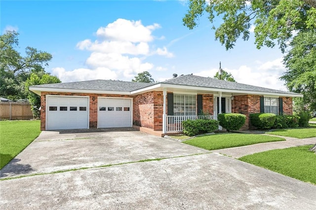 single story home with a porch, driveway, fence, a front lawn, and an attached garage
