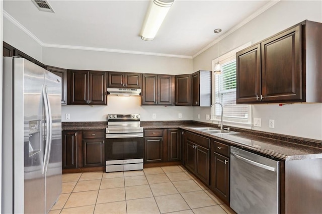 kitchen featuring dark countertops, a sink, stainless steel appliances, under cabinet range hood, and visible vents