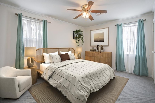 525 Ridgeway Dr, Metairie, LA 70001 - bedroom with light colored carpet, crown molding, and ceiling fan