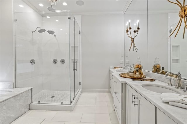 34 Riverdale Dr, Covington, LA 70433 - bathroom featuring a stall shower, crown molding, vanity, baseboards, and tile patterned floors