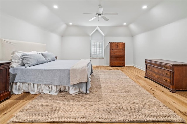 34 Riverdale Dr, Covington, LA 70433 - bedroom featuring vaulted ceiling, light wood-style floors, recessed lighting, baseboards, and a ceiling fan