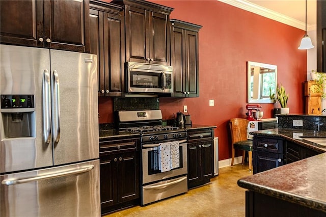 47135 Vineyard Trce, Hammond, LA 70401 - kitchen with crown molding, dark brown cabinetry, a sink, appliances with stainless steel finishes, and hanging light fixtures