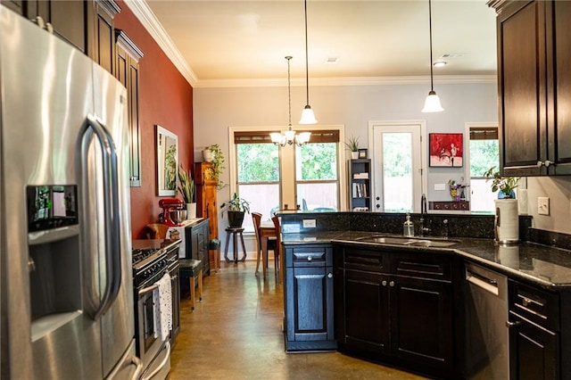 47135 Vineyard Trce, Hammond, LA 70401 - kitchen with crown molding, an inviting chandelier, a sink, stainless steel appliances, and a peninsula