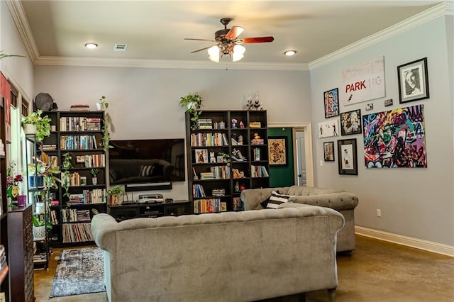 47135 Vineyard Trce, Hammond, LA 70401 - living room with crown molding, concrete flooring, a ceiling fan, baseboards, and visible vents