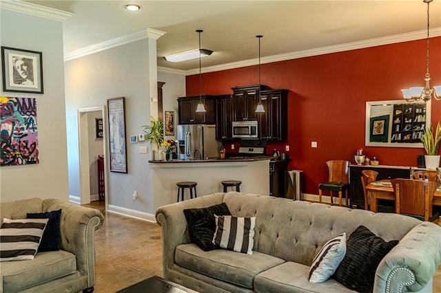 47135 Vineyard Trce, Hammond, LA 70401 - living area with ornamental molding, finished concrete flooring, baseboards, recessed lighting, and a notable chandelier
