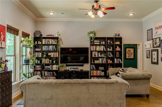 47135 Vineyard Trce, Hammond, LA 70401 - living room with ceiling fan, visible vents, baseboards, ornamental molding, and recessed lighting