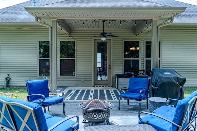 47135 Vineyard Trce, Hammond, LA 70401 - view of patio / terrace with an outdoor living space with a fire pit, ceiling fan, and grilling area