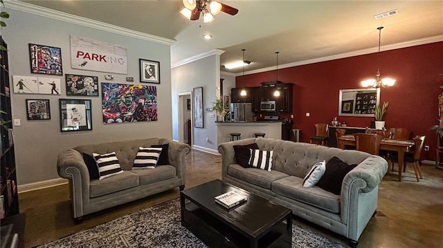 47135 Vineyard Trce, Hammond, LA 70401 - living area with carpet, a ceiling fan, baseboards, visible vents, and ornamental molding