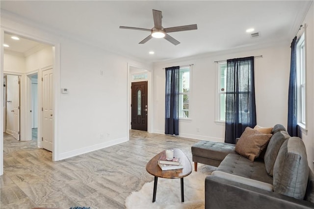 living room featuring visible vents, a ceiling fan, crown molding, and recessed lighting