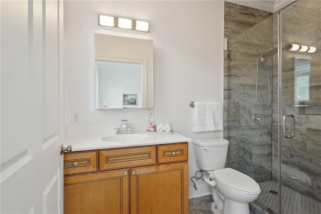 bathroom with toilet, a shower stall, and vanity