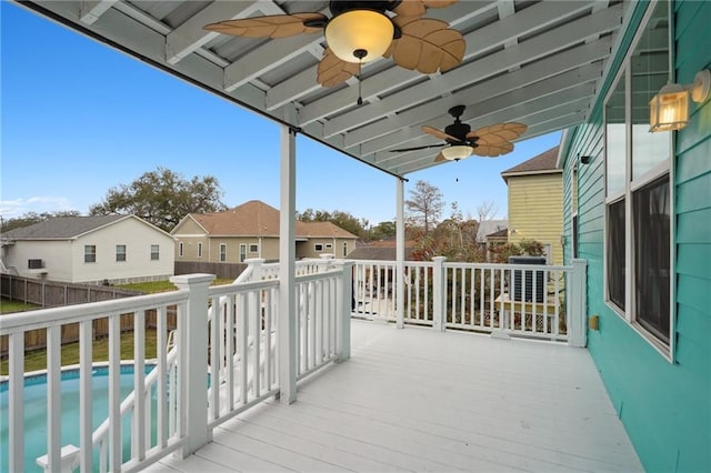 deck featuring a fenced backyard, a ceiling fan, a fenced in pool, and a residential view