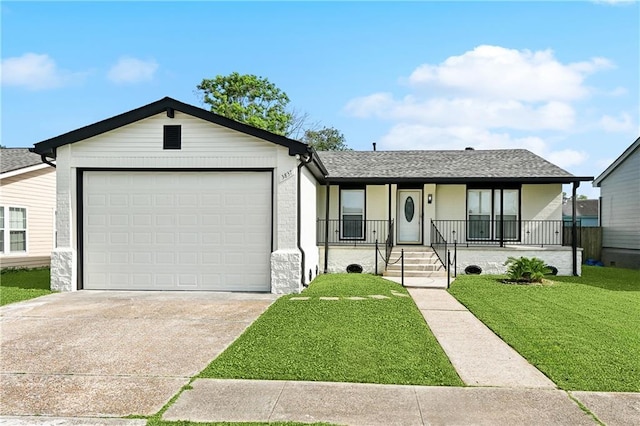 ranch-style house with a shingled roof, a front lawn, a garage, a porch, and concrete driveway