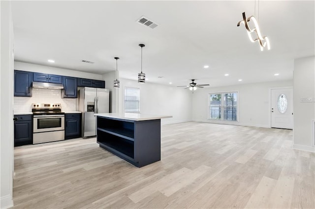 kitchen featuring visible vents, open shelves, light countertops, under cabinet range hood, and appliances with stainless steel finishes