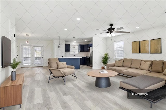 living room featuring a ceiling fan