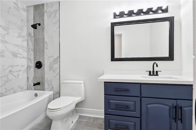 bathroom featuring baseboards, vanity, toilet, and  shower combination