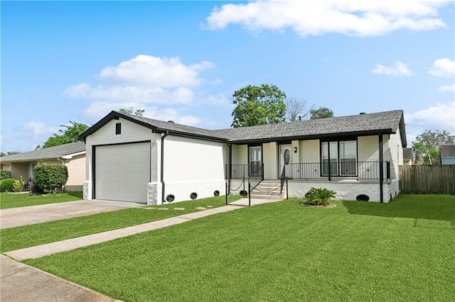 single story home featuring a garage, a front lawn, roof with shingles, a porch, and driveway