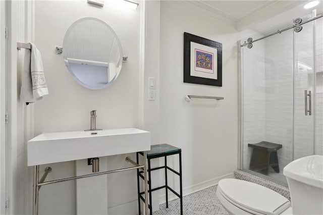 1907 N Rampart St, New Orleans, LA 70116 - full bath with a stall shower, toilet, baseboards, ornamental molding, and a sink
