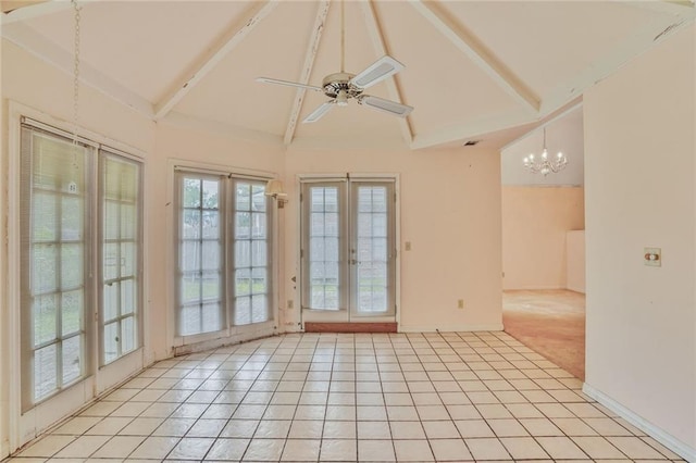 spare room with light tile patterned flooring, beam ceiling, high vaulted ceiling, french doors, and ceiling fan with notable chandelier