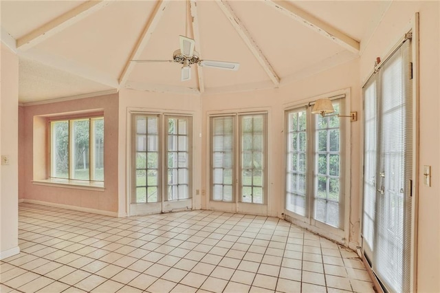 unfurnished sunroom with tile patterned floors, baseboards, lofted ceiling with beams, and french doors