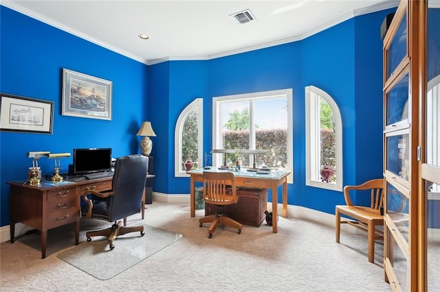 carpeted home office with crown molding, baseboards, and visible vents
