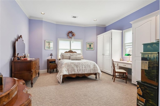 bedroom featuring crown molding, light colored carpet, recessed lighting, baseboards, and visible vents