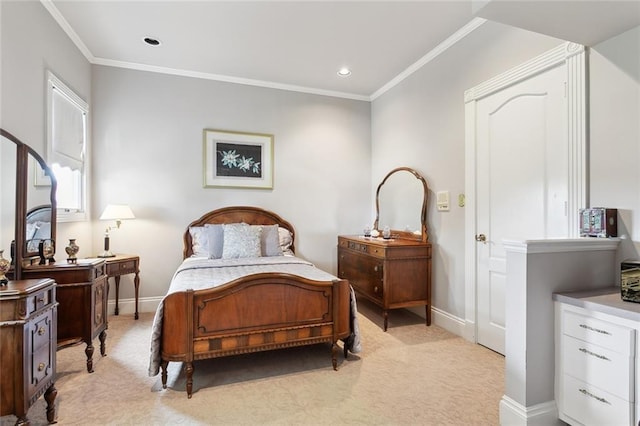 bedroom featuring baseboards, ornamental molding, recessed lighting, and light carpet