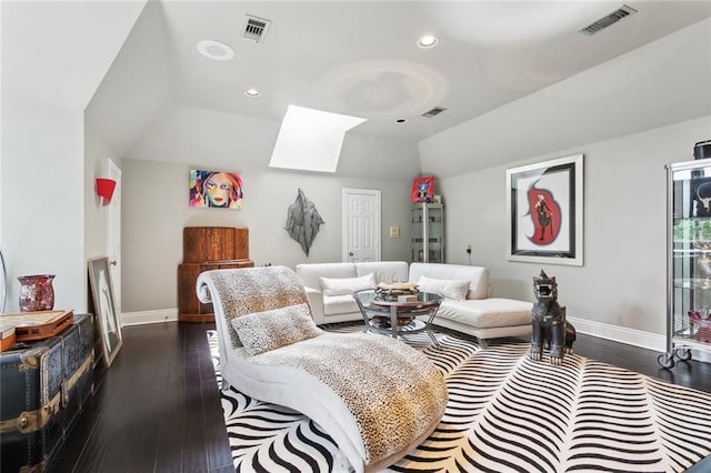 living room featuring baseboards, visible vents, and dark wood-type flooring
