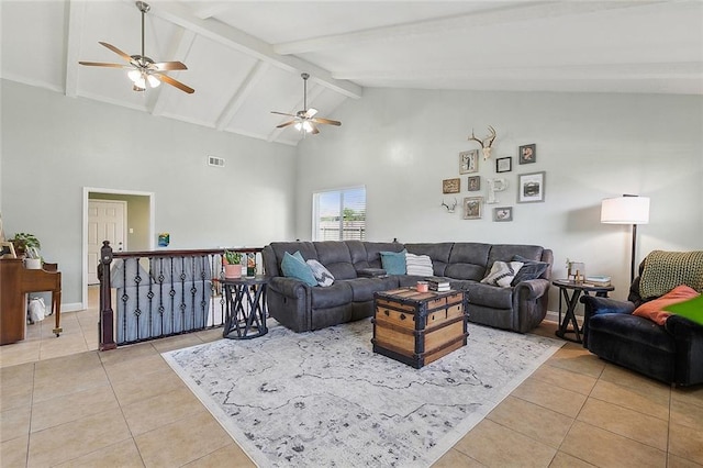 living room with high vaulted ceiling, beam ceiling, a ceiling fan, and light tile patterned flooring
