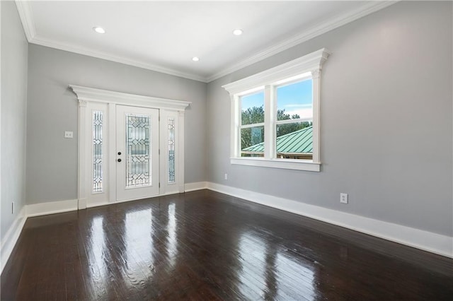 foyer entrance with crown molding, recessed lighting, baseboards, and dark wood-style floors