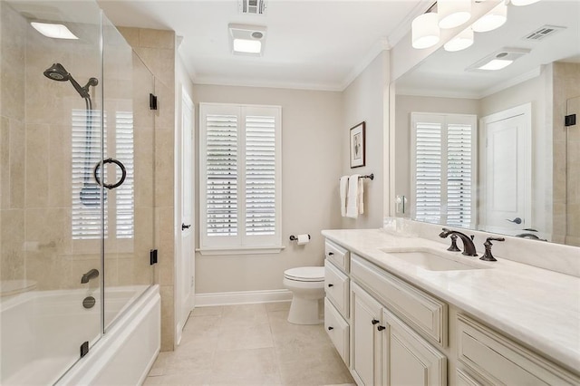full bath featuring baseboards, visible vents, plenty of natural light, and ornamental molding