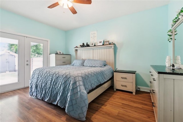 bedroom featuring ceiling fan, french doors, access to exterior, wood finished floors, and baseboards