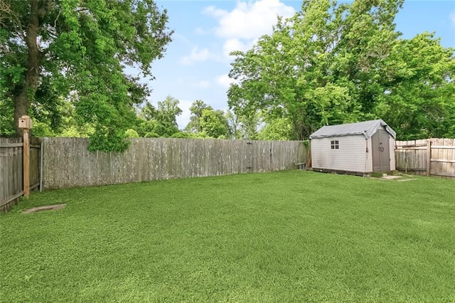 view of yard featuring a fenced backyard, a storage unit, and an outdoor structure