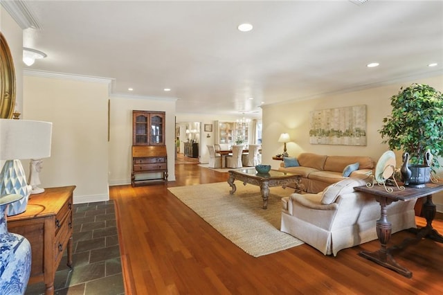 3705 Clifford Dr, Metairie, LA 70002 - living room featuring dark wood-style flooring, recessed lighting, a notable chandelier, and ornamental molding