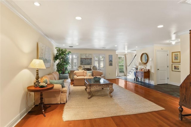 3705 Clifford Dr, Metairie, LA 70002 - living room featuring crown molding, baseboards, stairs, and wood finished floors