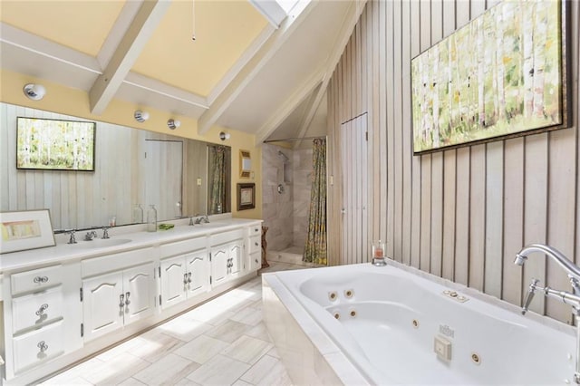 3705 Clifford Dr, Metairie, LA 70002 - bathroom featuring a sink, a whirlpool tub, lofted ceiling with beams, and a tile shower