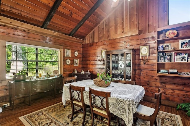 dining area featuring wooden walls, lofted ceiling with beams, wood ceiling, and wood finished floors