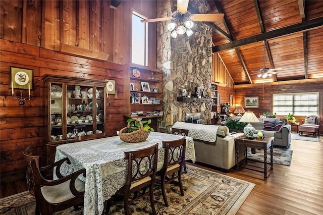dining space with wood finished floors, beamed ceiling, ceiling fan, wooden walls, and wood ceiling