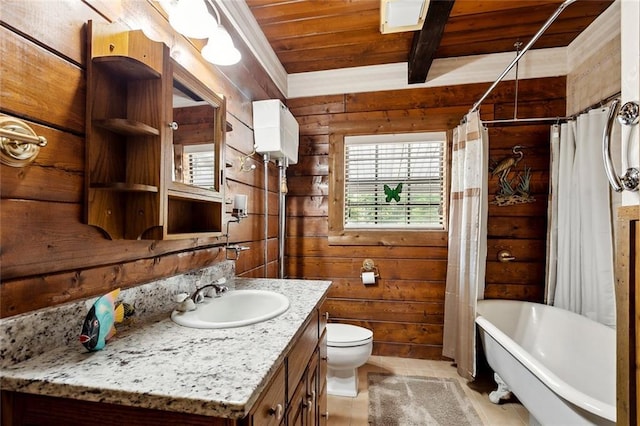 full bathroom featuring vanity, tile patterned flooring, toilet, a tub, and wood ceiling