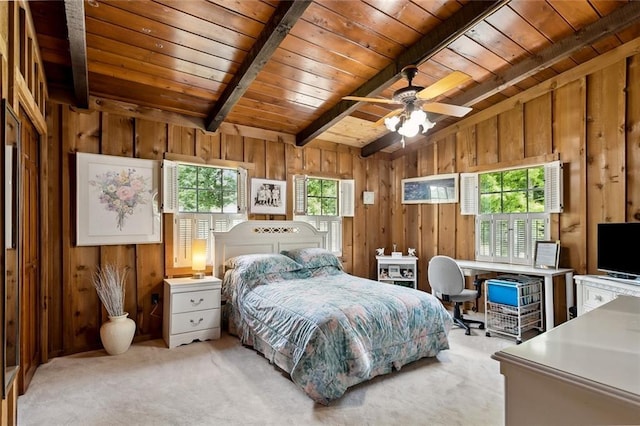 bedroom with wood ceiling, lofted ceiling with beams, wood walls, and light carpet