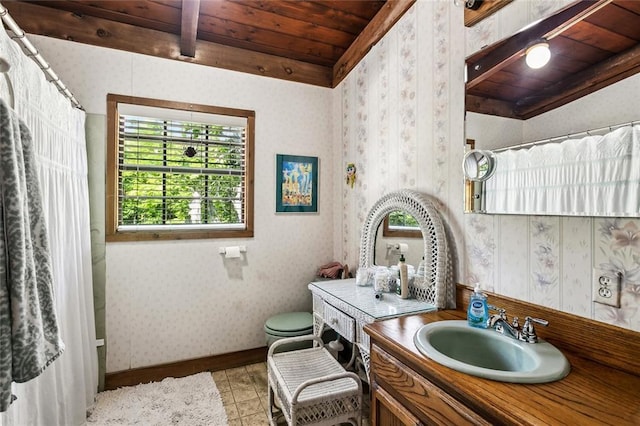 bathroom featuring beamed ceiling, wallpapered walls, and wood ceiling