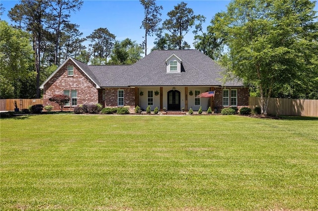 view of front facade featuring covered porch, brick siding, fence, and a front lawn