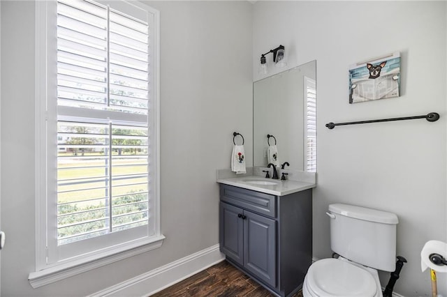 bathroom featuring vanity, plenty of natural light, toilet, and wood finished floors