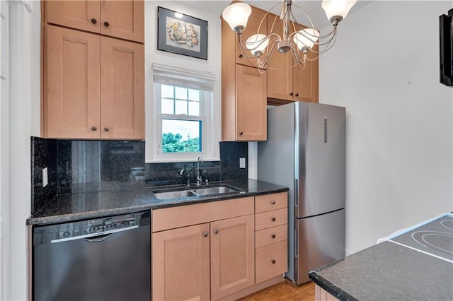 4716 Annunciation St Unit 2E, New Orleans, LA 70115 - kitchen with backsplash, a sink, freestanding refrigerator, a notable chandelier, and black dishwasher