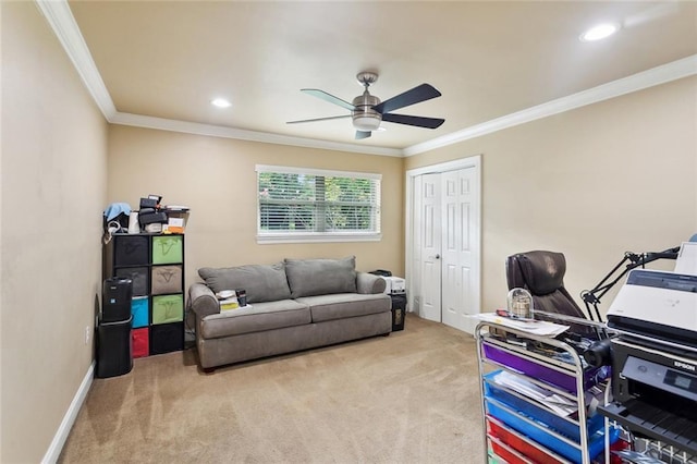 3808 Thomas Dr, Slidell, LA 70458 - office featuring crown molding, a ceiling fan, and carpet