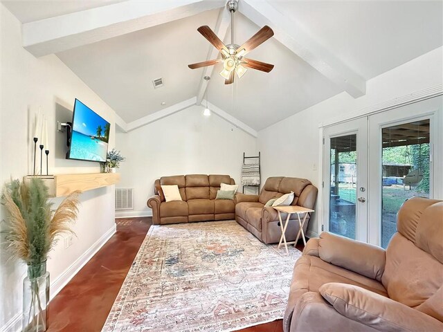 living room with visible vents, lofted ceiling with beams, baseboards, and french doors